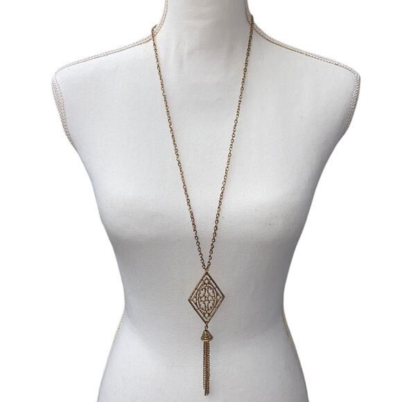 Vintage Gold Tone Pendant Tassel Necklace 22" Double Clasp Costume Jewelry Chain - Picture 2 of 8